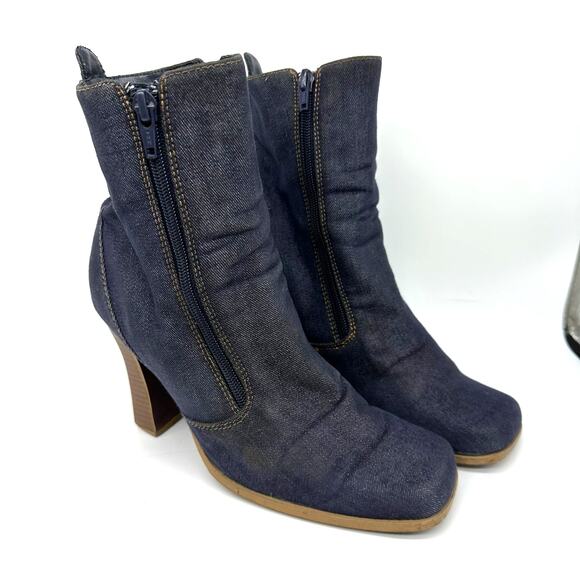 Denim Blue Square Toe Chunky Zipper Booties Womens 6 Y2K Retro - Picture 2 of 15